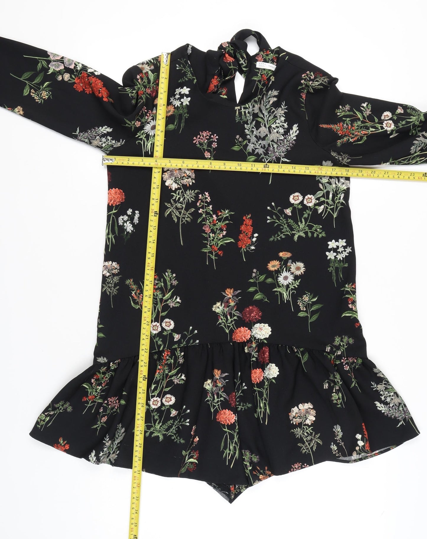 Zara Women’s Black Floral Long Sleeve Ruffle Hem Playsuit Size 8