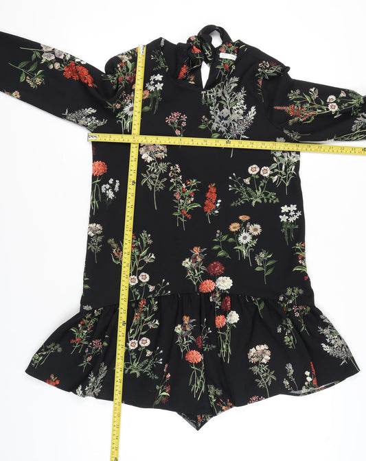 Zara Women’s Black Floral Long Sleeve Ruffle Hem Playsuit Size 8