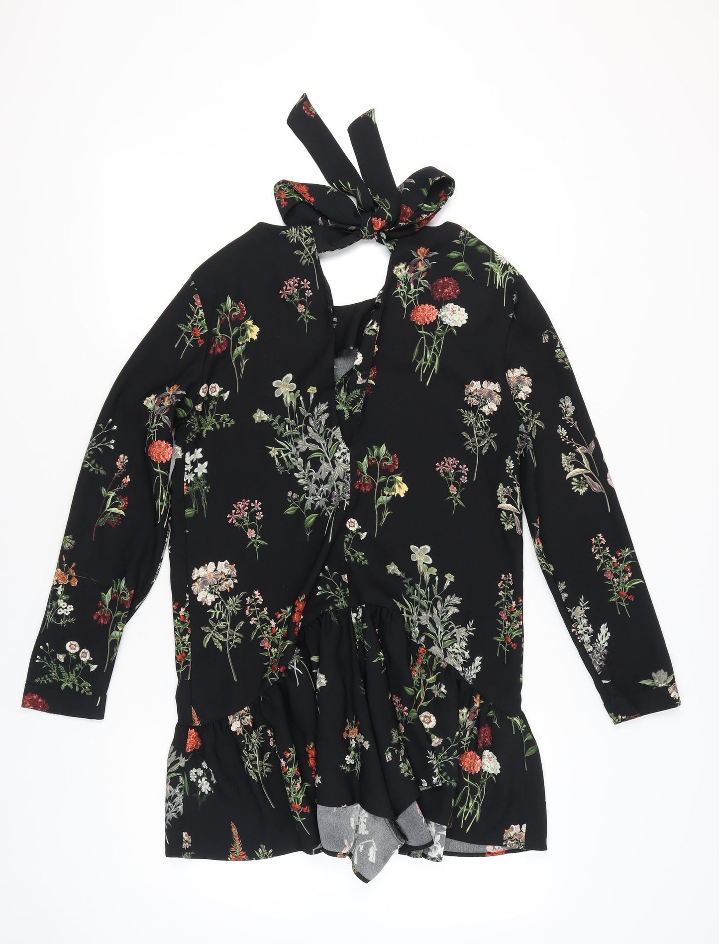 Zara Women’s Black Floral Long Sleeve Ruffle Hem Playsuit Size 8