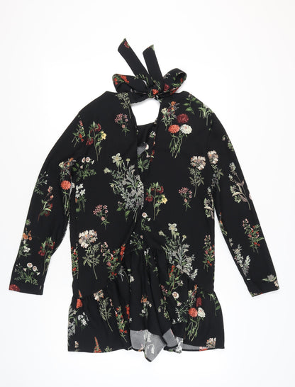 Zara Women’s Black Floral Long Sleeve Ruffle Hem Playsuit Size 8