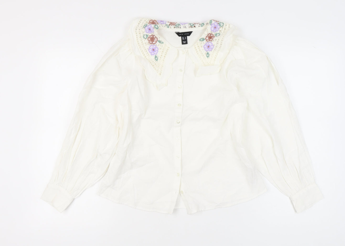 New Look Women Ivory Floral Collar Embroidered Blouse Size 8