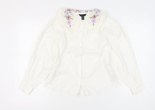 New Look Women Ivory Floral Collar Embroidered Blouse Size 8