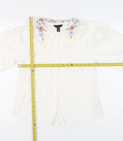 New Look Women Ivory Floral Collar Embroidered Blouse Size 8