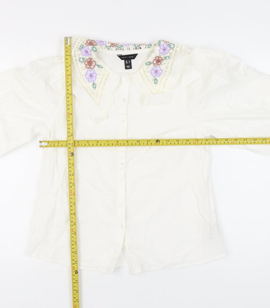 New Look Women Ivory Floral Collar Embroidered Blouse Size 8