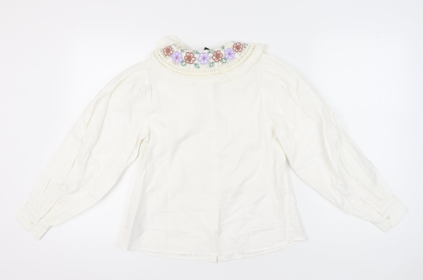 New Look Women Ivory Floral Collar Embroidered Blouse Size 8