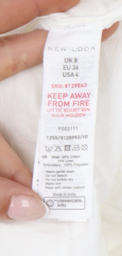 New Look Women Ivory Floral Collar Embroidered Blouse Size 8