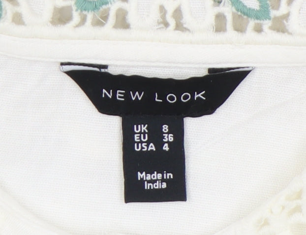 New Look Women Ivory Floral Collar Embroidered Blouse Size 8