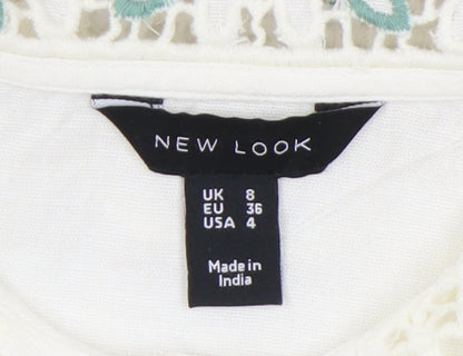 New Look Women Ivory Floral Collar Embroidered Blouse Size 8