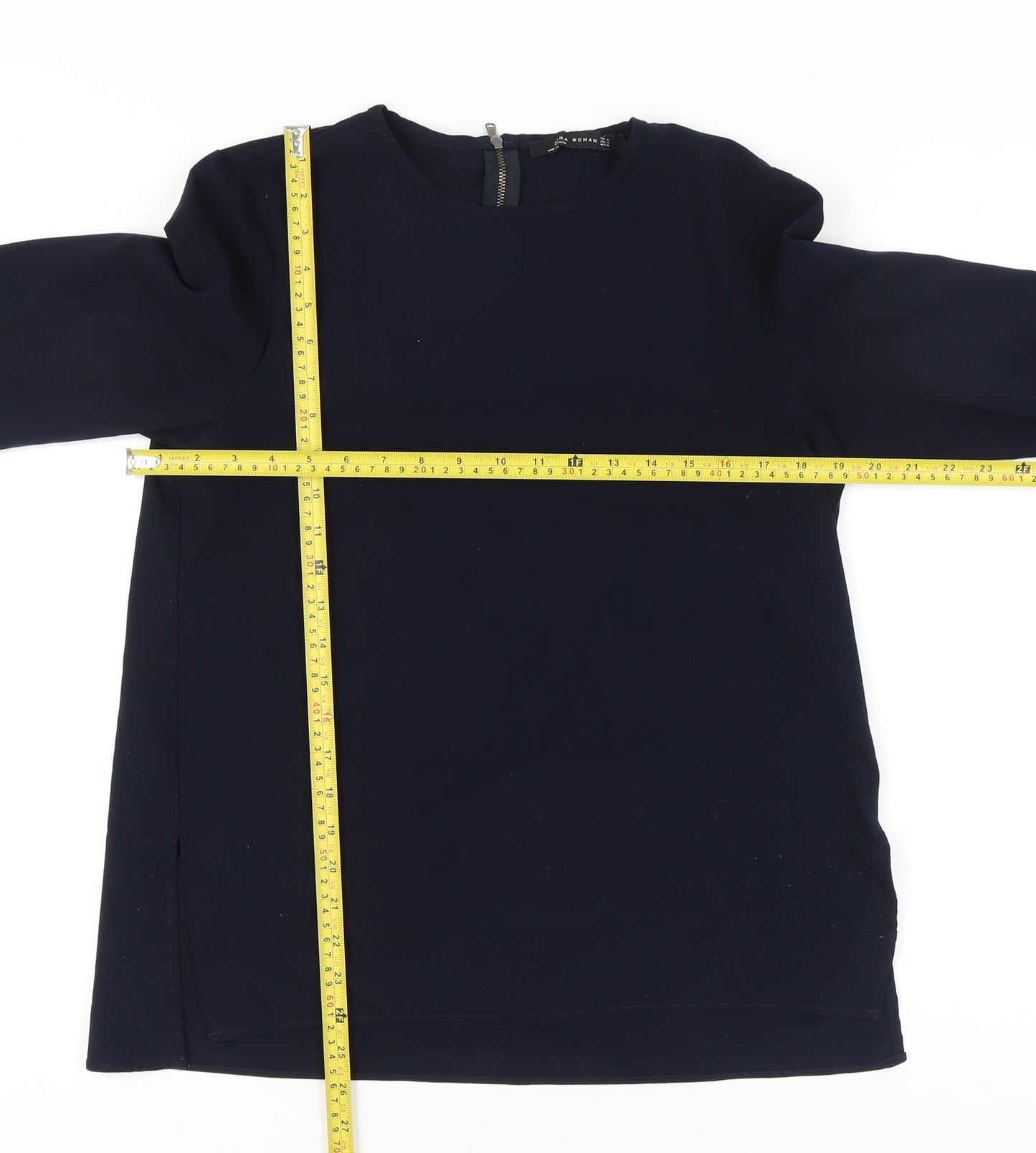 Zara Woman Navy Blue Blouse Women M Long Sleeve Crew Neck Zip