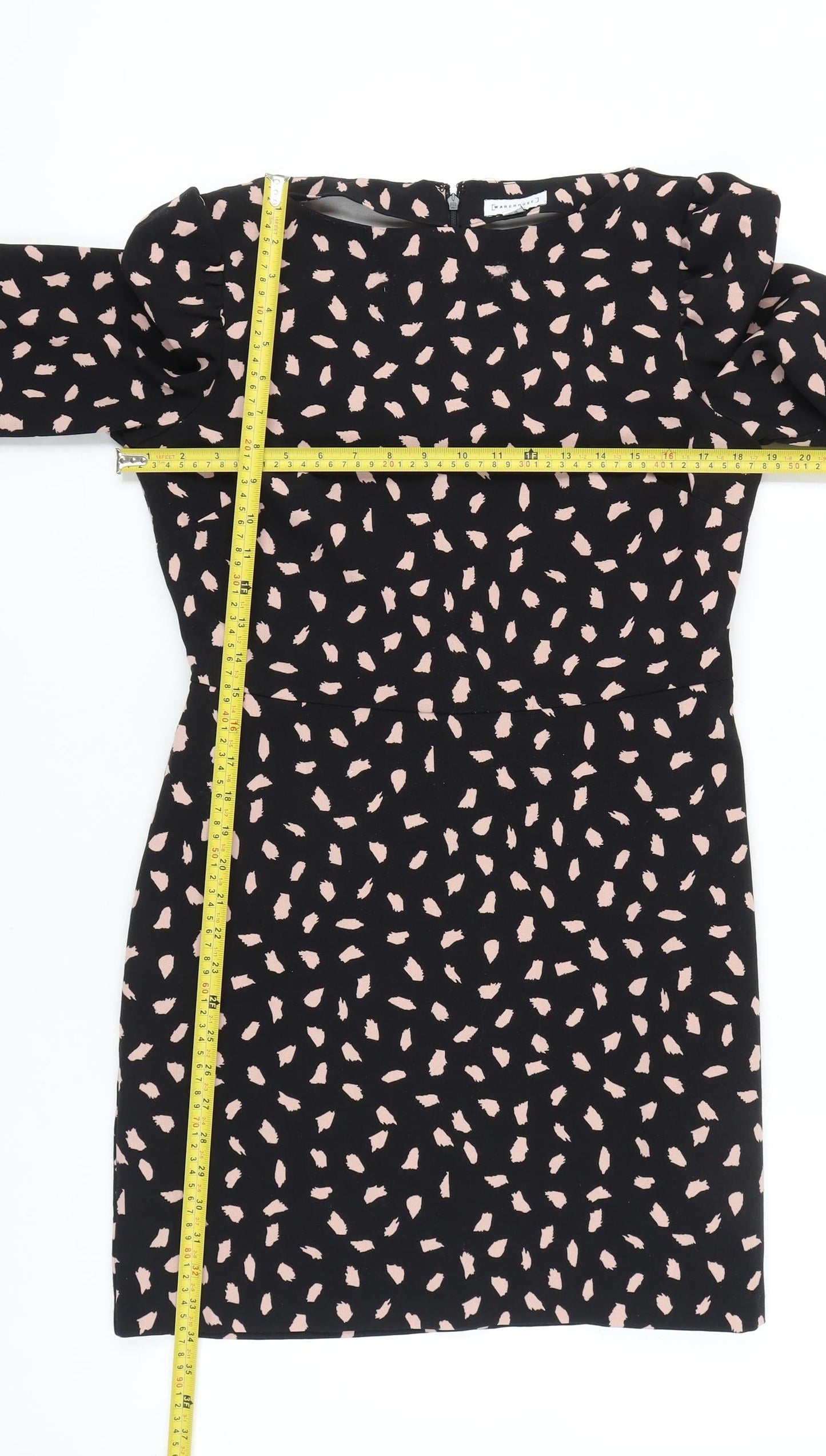 Warehouse Women’s Black Pink Sheath Dress Size 12 3/4 Sleeve