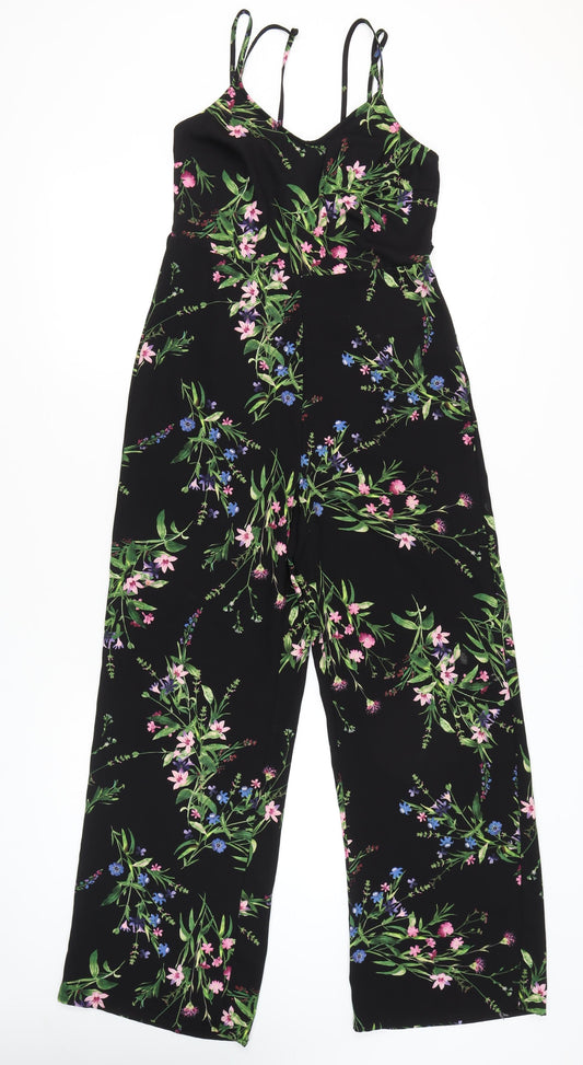 New Look Women Black Floral Wide-Leg Sleeveless Jumpsuit Size 8