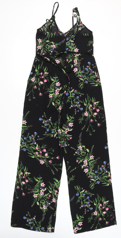 New Look Women Black Floral Wide-Leg Sleeveless Jumpsuit Size 8