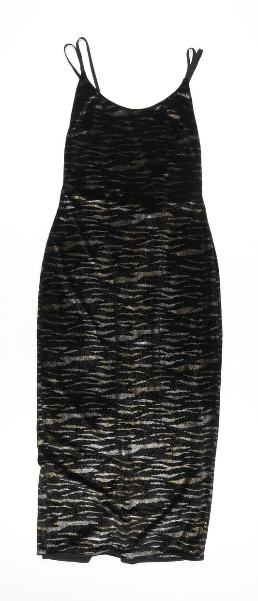 Topshop Women’s Black Gold Animal Print Bodycon Midi Dress Size 6