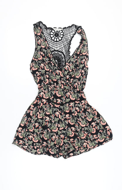 Miss Selfridge Women’s Black Floral Crochet Playsuit Size 10
