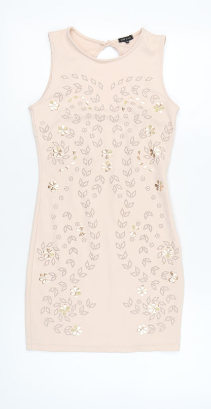 River Island Women’s Beige Bodycon Dress UK 10 Sleeveless Floral Party