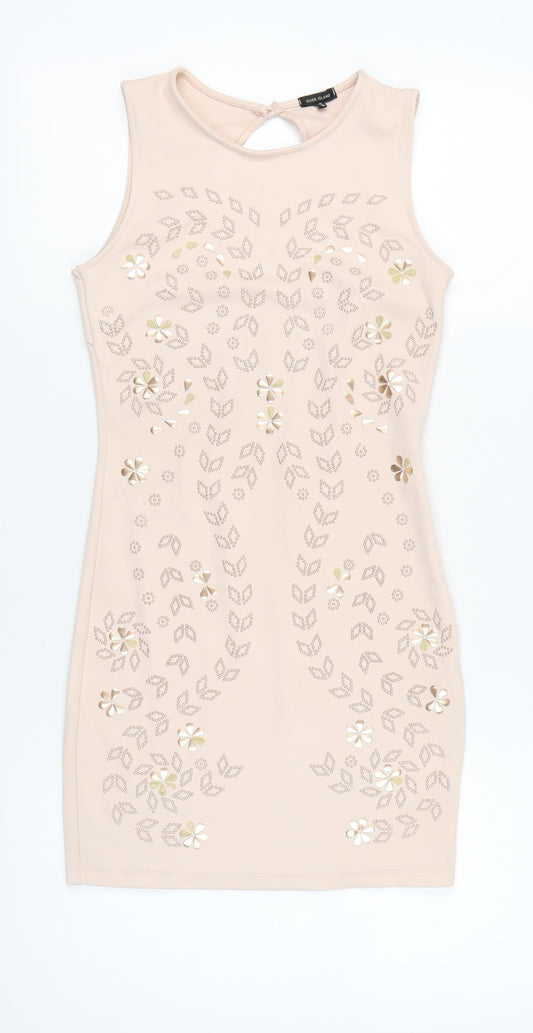 River Island Women’s Beige Bodycon Dress UK 10 Sleeveless Floral Party