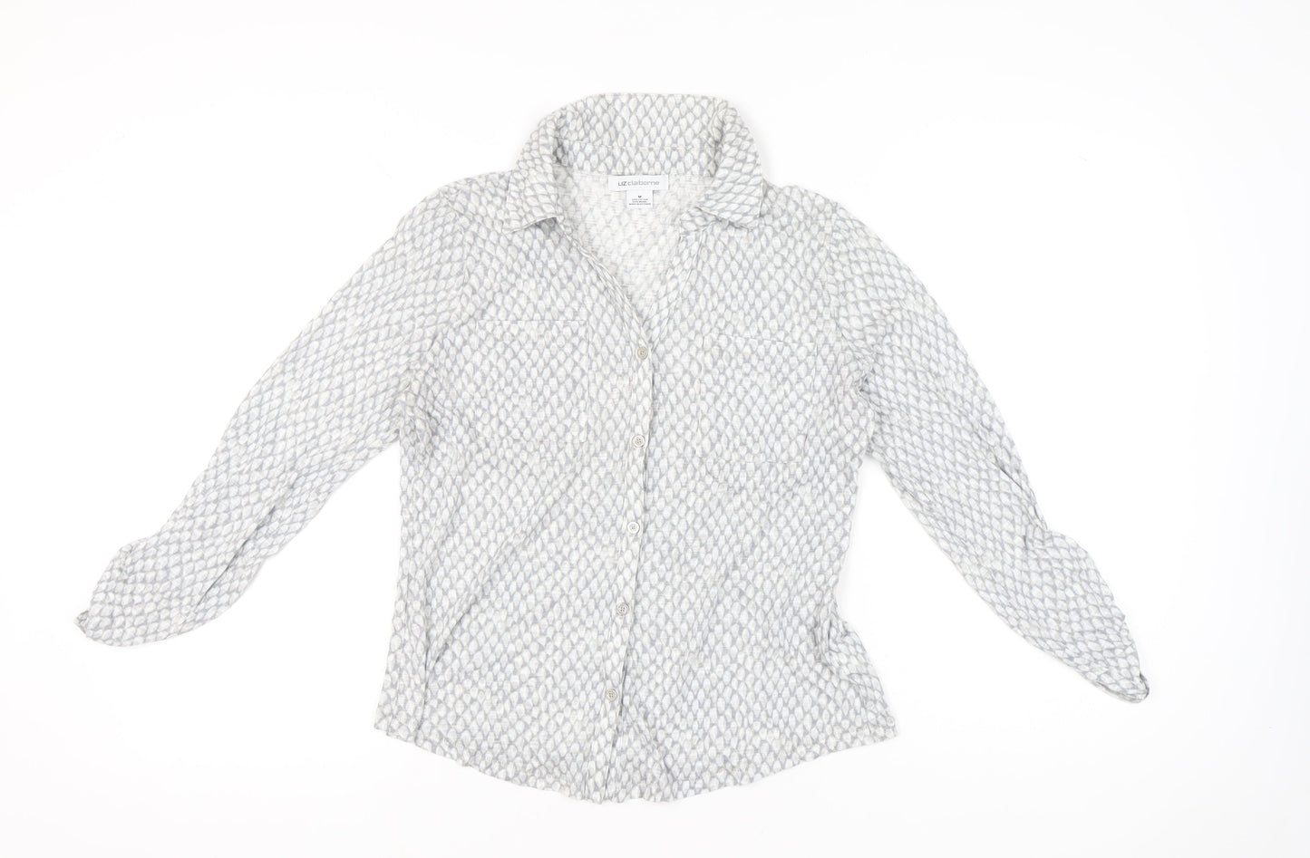 Liz Claiborne Women’s Grey Geometric Button-Up Shirt M Long Sleeve