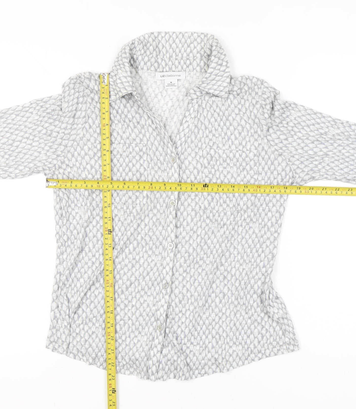 Liz Claiborne Women’s Grey Geometric Button-Up Shirt M Long Sleeve