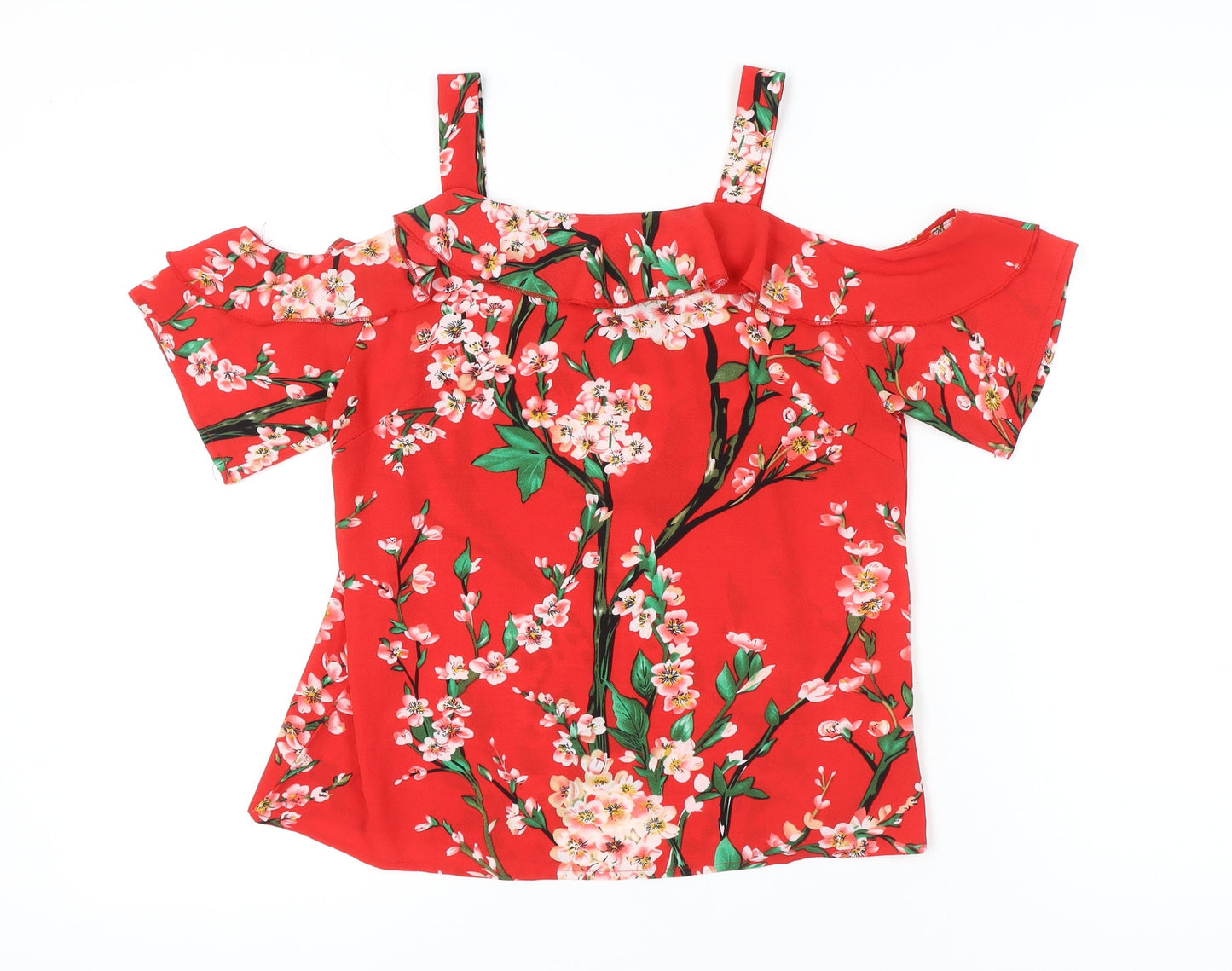Quiz Womens Red Floral Cold Shoulder Ruffle Blouse Size 10