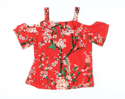 Quiz Womens Red Floral Cold Shoulder Ruffle Blouse Size 10