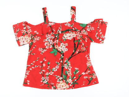 Quiz Womens Red Floral Cold Shoulder Ruffle Blouse Size 10