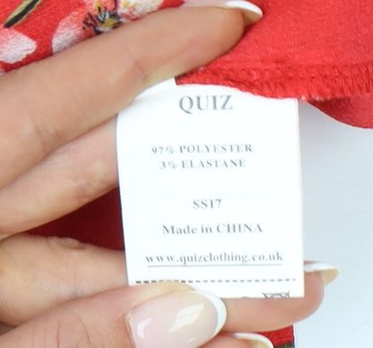 Quiz Womens Red Floral Cold Shoulder Ruffle Blouse Size 10