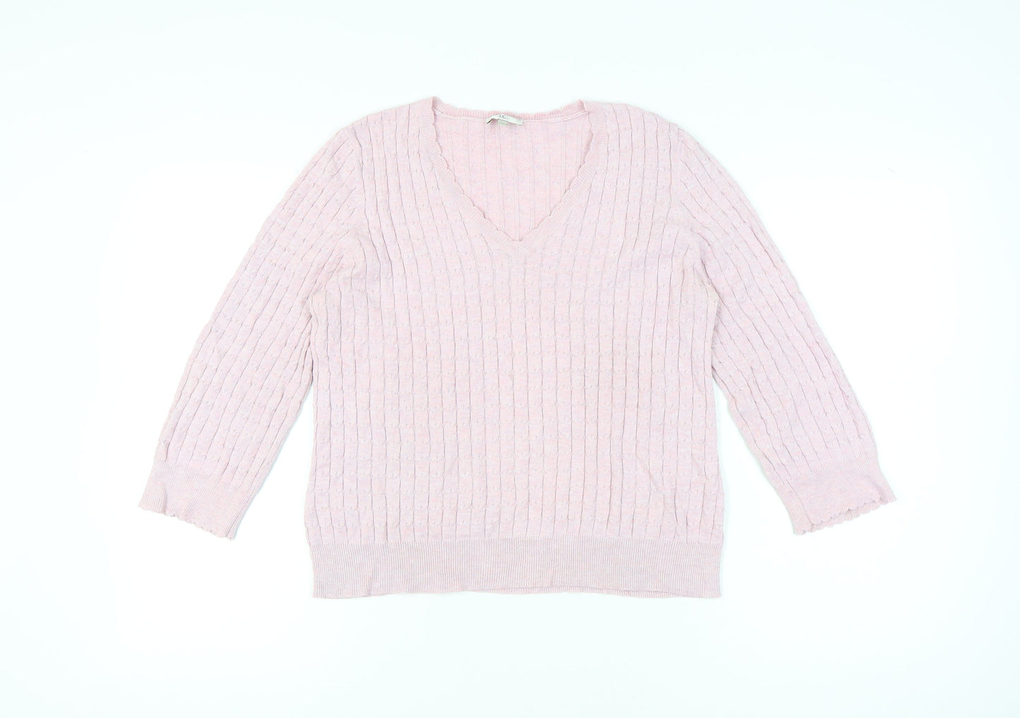 CC Womens Pink V-Neck Cable-Knit Cotton Blend Jumper L