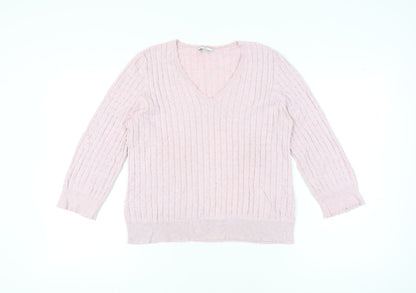 CC Womens Pink V-Neck Cable-Knit Cotton Blend Jumper L