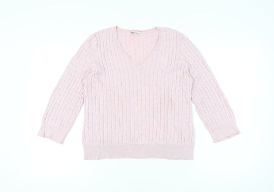 CC Womens Pink V-Neck Cable-Knit Cotton Blend Jumper L
