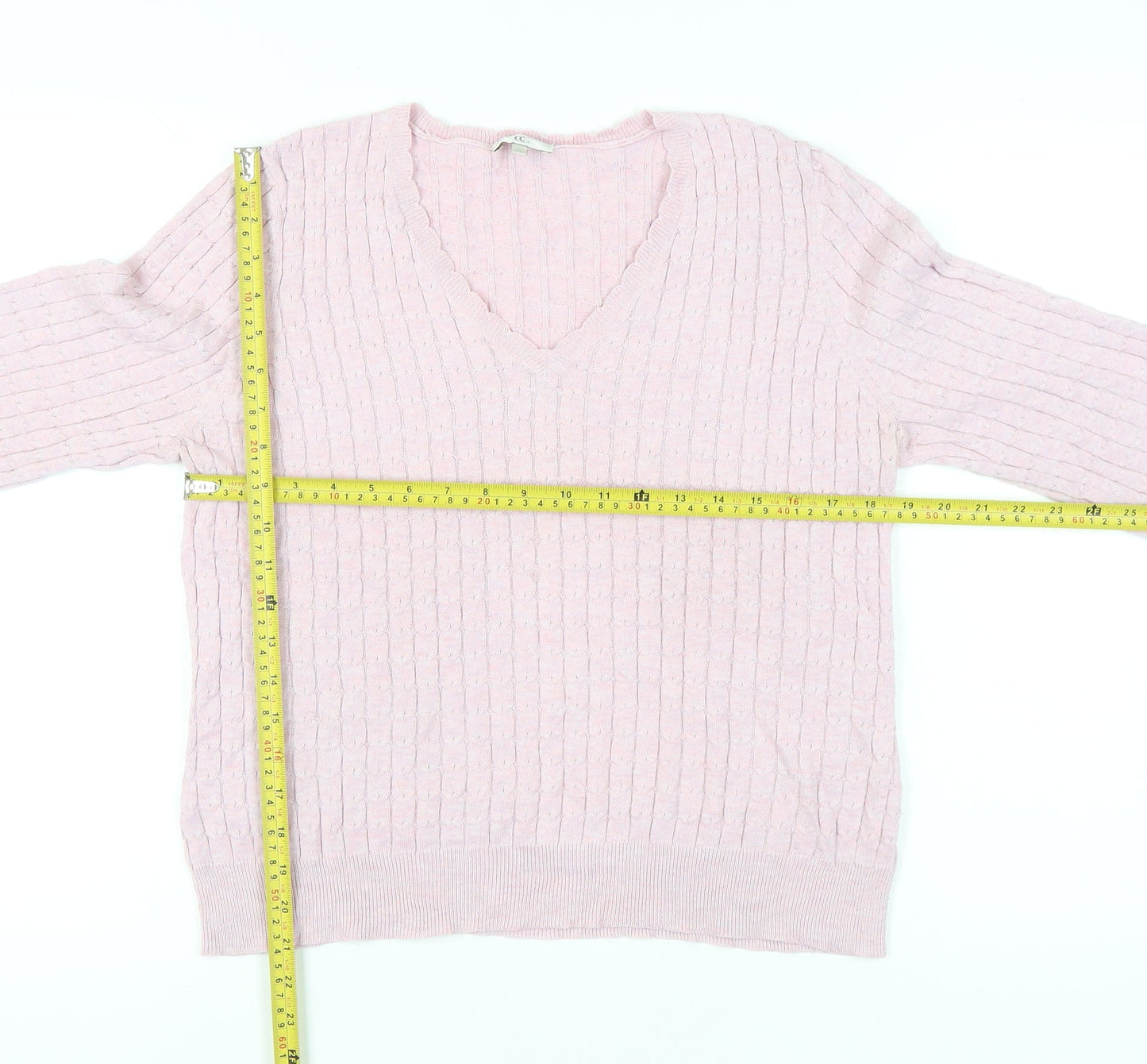 CC Womens Pink V-Neck Cable-Knit Cotton Blend Jumper L