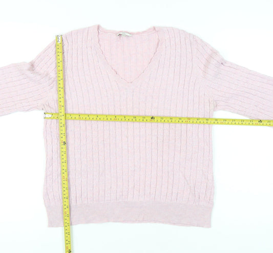 CC Womens Pink V-Neck Cable-Knit Cotton Blend Jumper L
