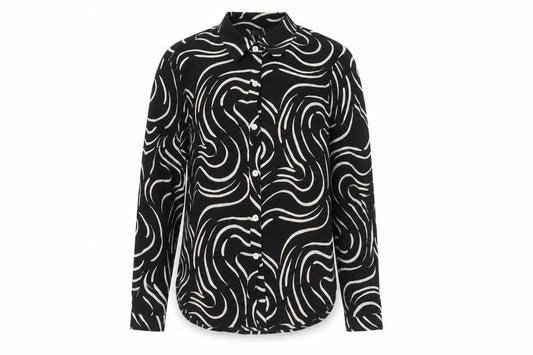 Droimp Womens Black Geometric Button-Up Shirt Size 12 Long Sleeve