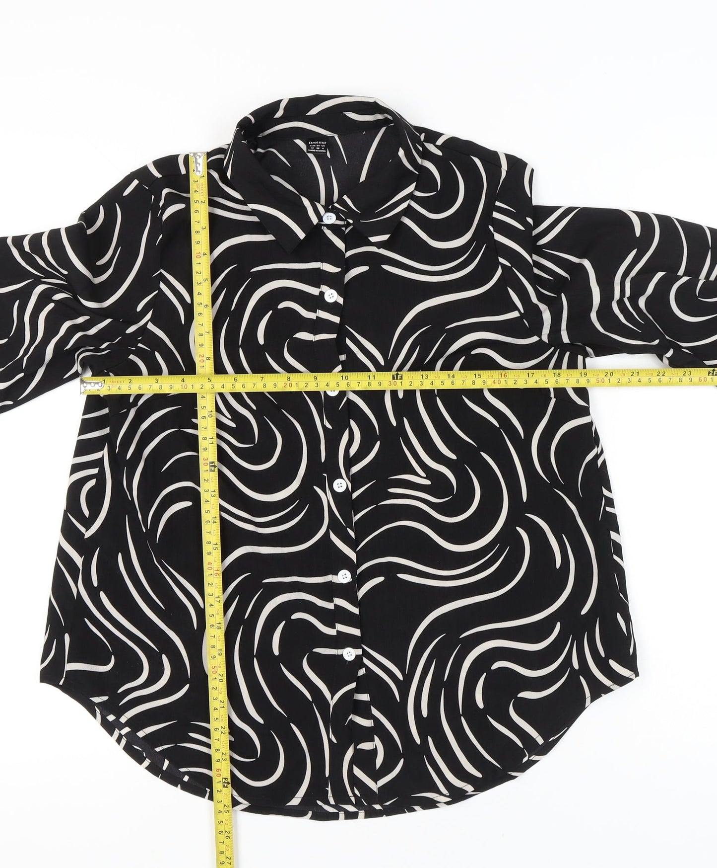 Droimp Womens Black Geometric Button-Up Shirt Size 12 Long Sleeve