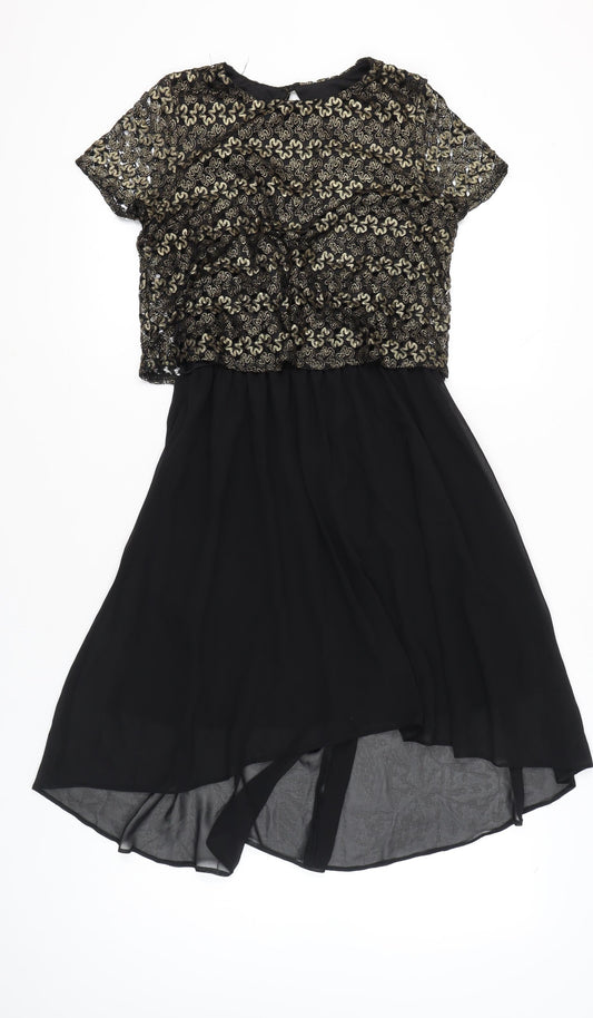 River Island Women’s Black Gold Hi-Low Fit & Flare Dress Size 10