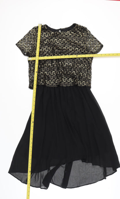River Island Women’s Black Gold Hi-Low Fit & Flare Dress Size 10