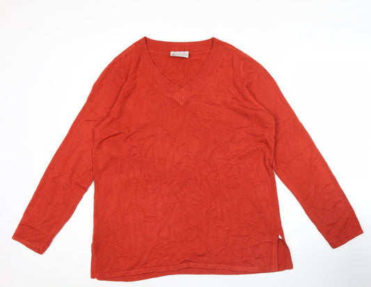 BHS Womens Red V-Neck Jumper Size 16 Acrylic Knit Long Sleeve