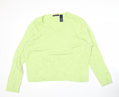 Bill Blass Womens Green Cotton V-Neck Cable Knit Jumper Size S