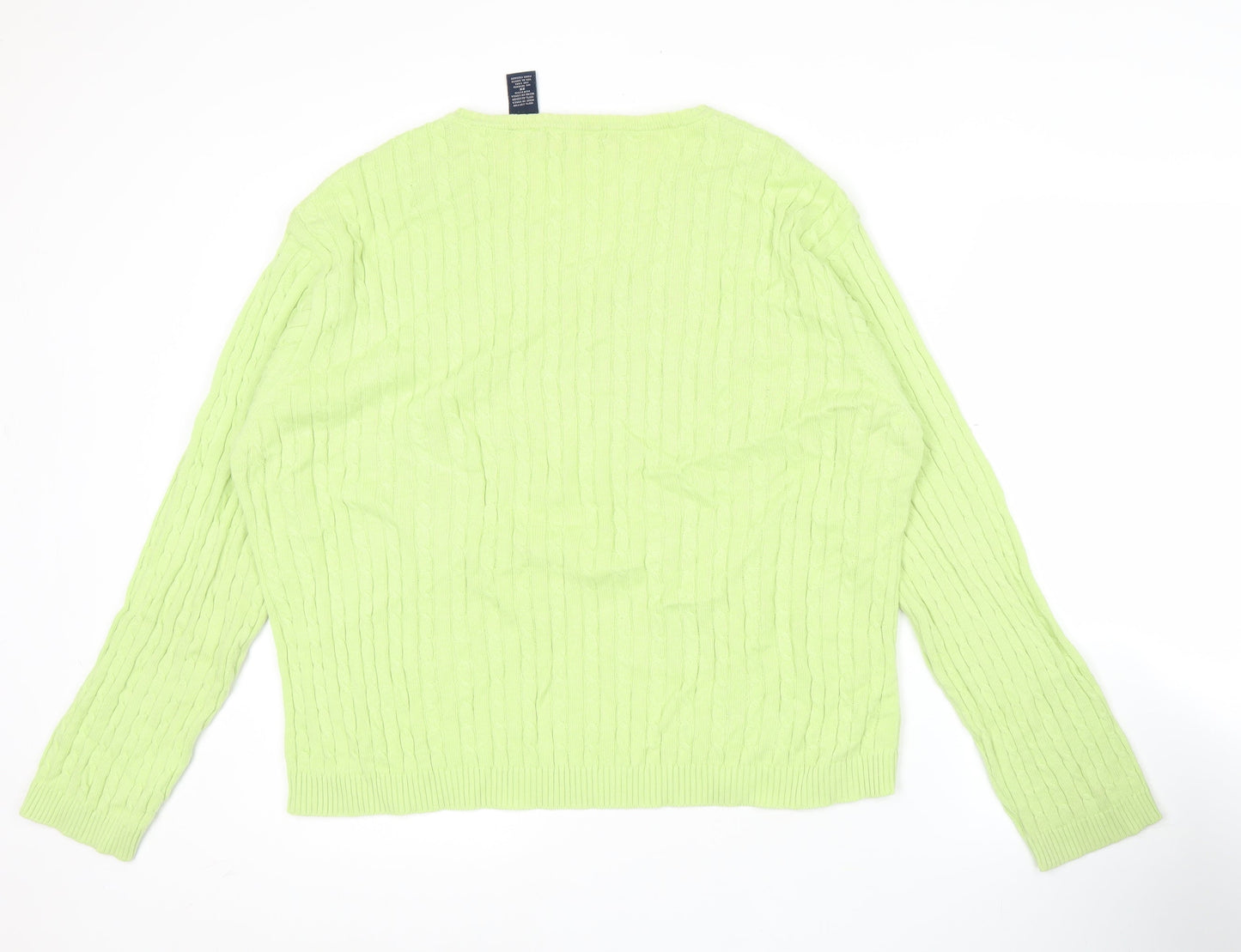Bill Blass Womens Green Cotton V-Neck Cable Knit Jumper Size S