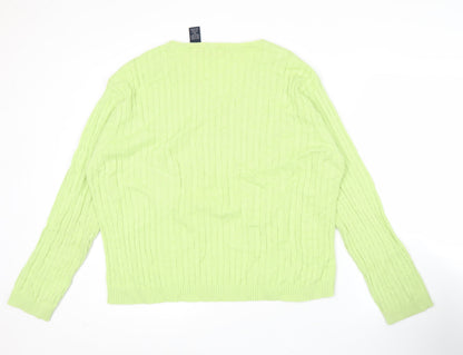 Bill Blass Womens Green Cotton V-Neck Cable Knit Jumper Size S