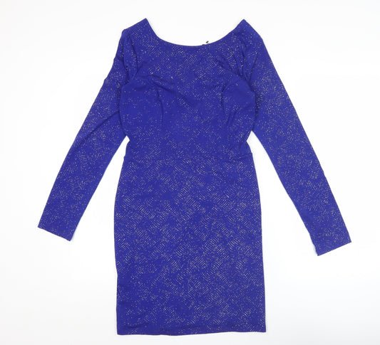 Topshop Women’s Blue Glitter Bodycon Dress Size 12 Long Sleeve