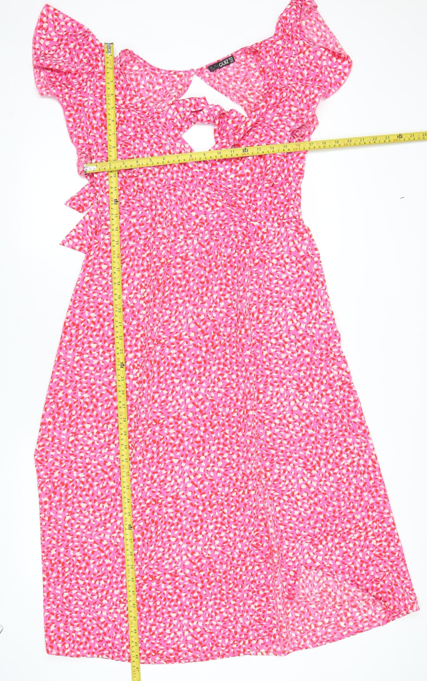 Quiz Women’s Pink Floral Ruffle Skater Dress Size 12 Sleeveless V-Neck