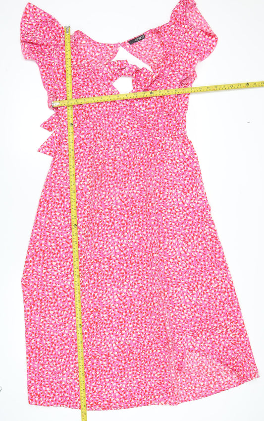 Quiz Women’s Pink Floral Ruffle Skater Dress Size 12 Sleeveless V-Neck