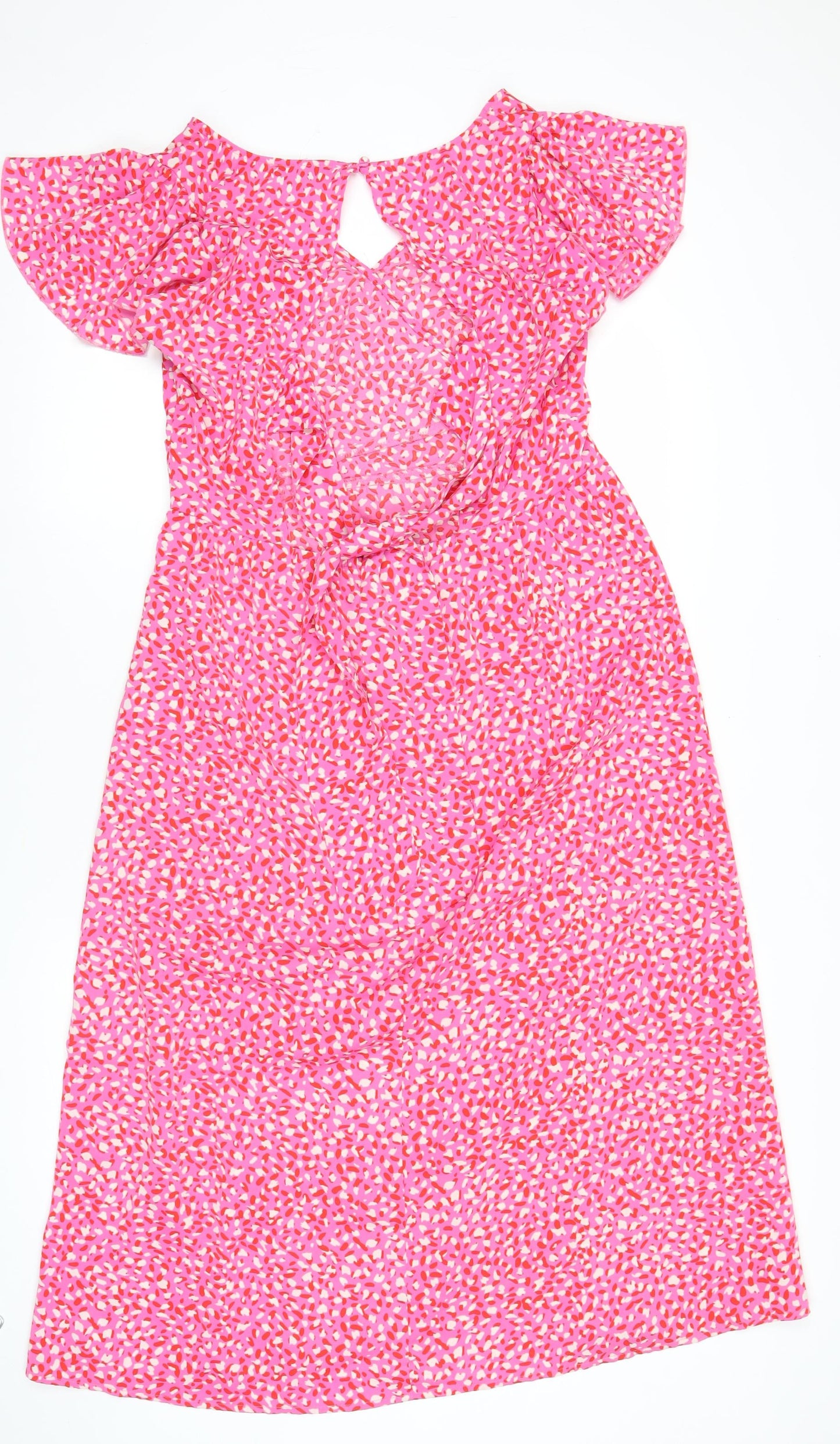 Quiz Women’s Pink Floral Ruffle Skater Dress Size 12 Sleeveless V-Neck