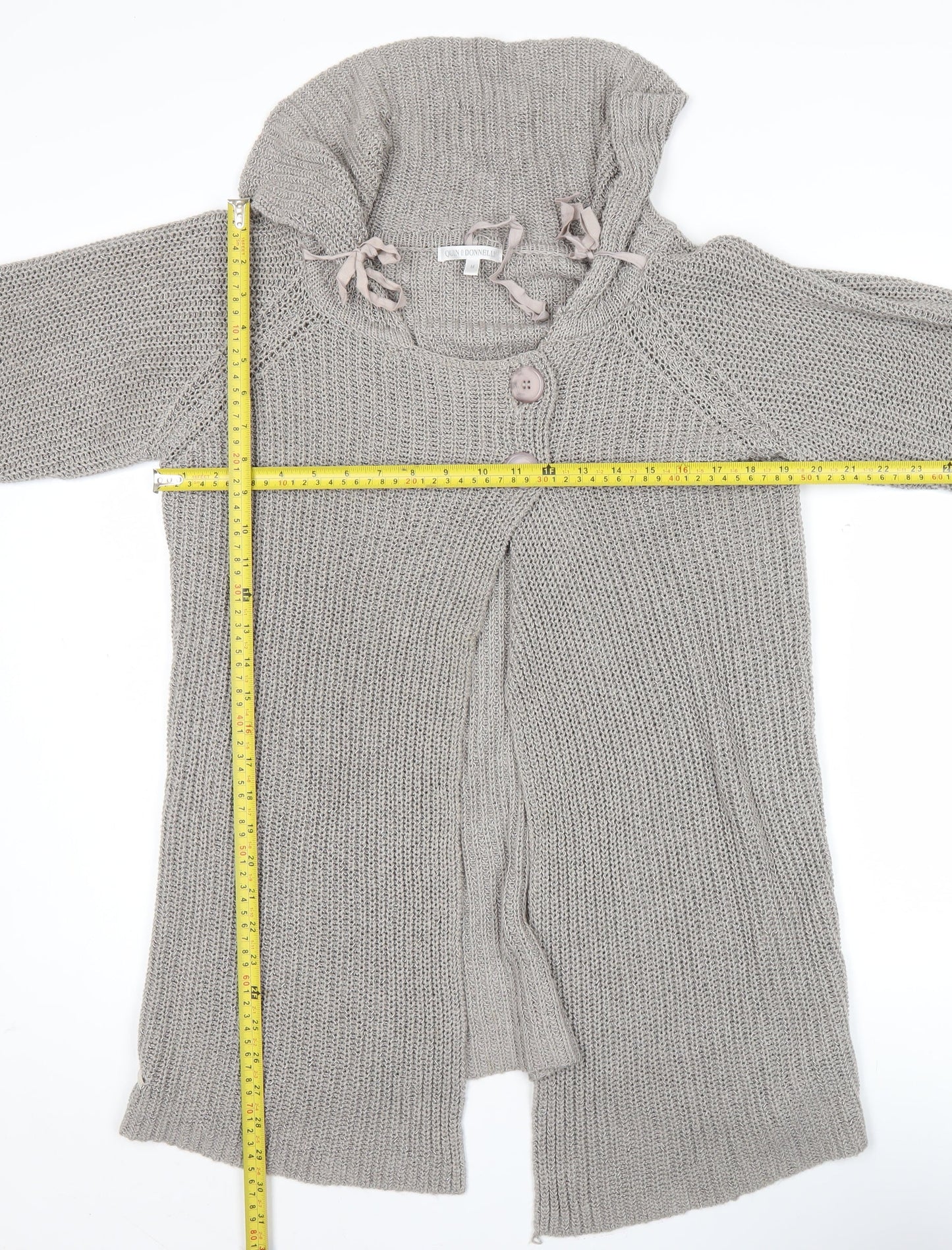 Quin & Donnelly Womens Grey M Cardigan Chunky Knit Cowl Neck 3/4 Sleeve