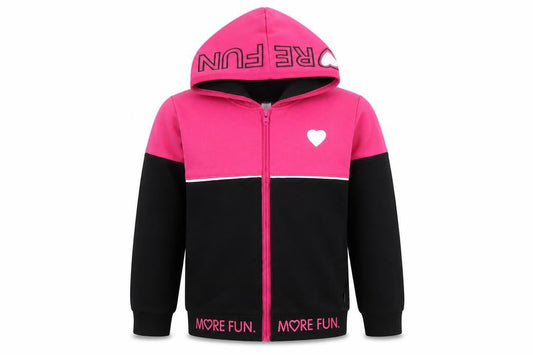Front view of Sedra girls’ pink & black hooded cotton full zip jacket, size 12, years