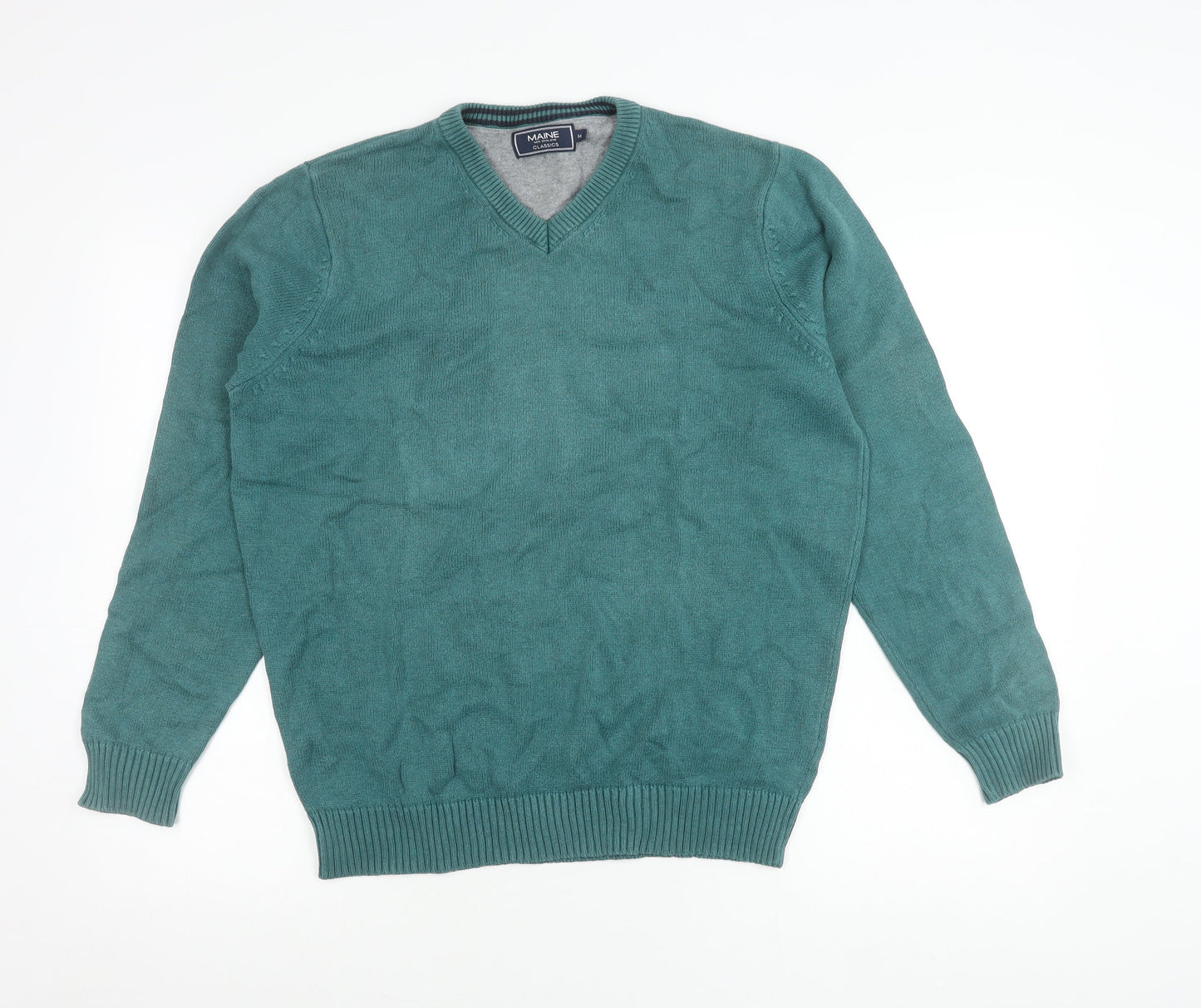 Maine New England Mens Green Cotton V-Neck Jumper Size M