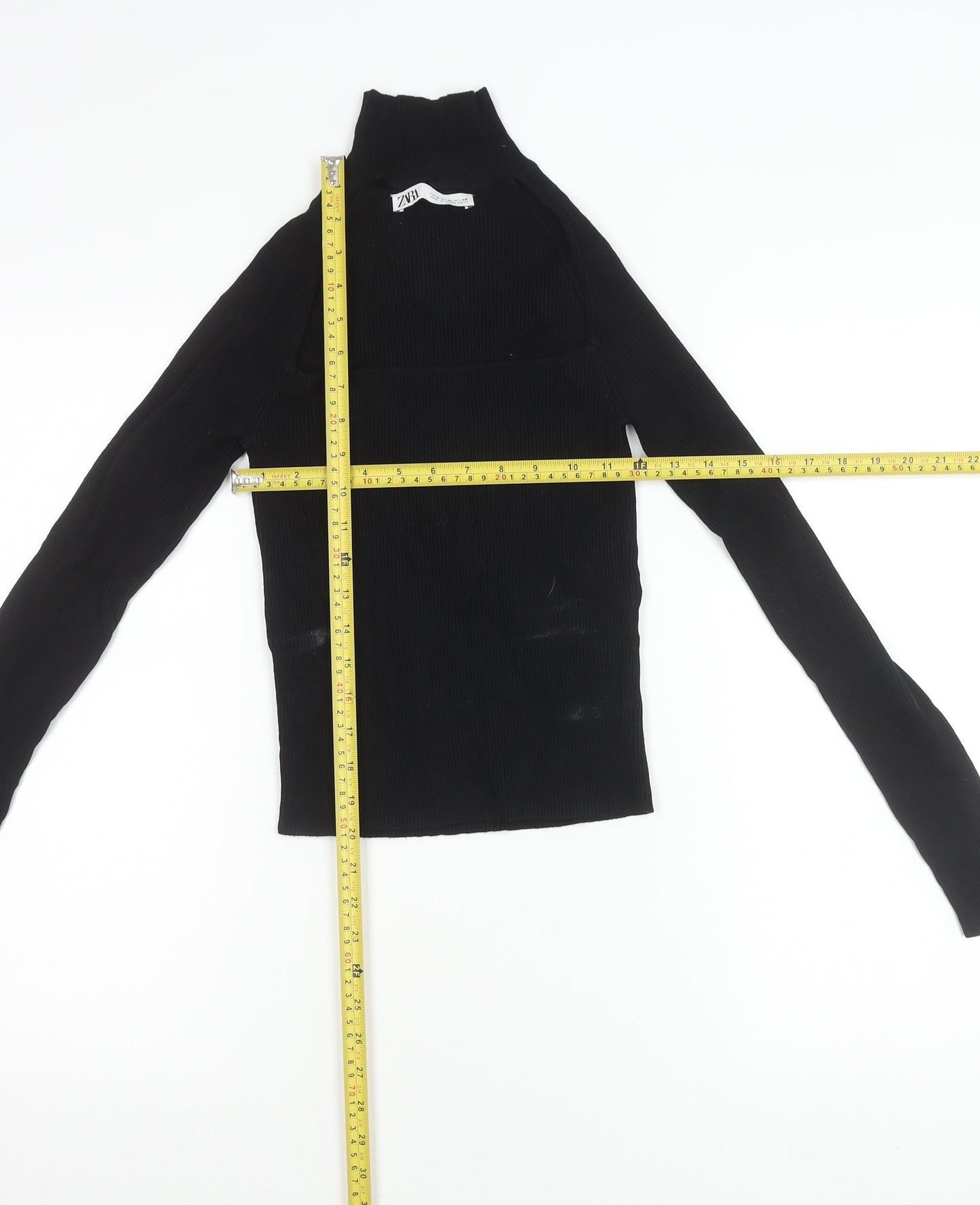 Zara Women Black M Mock Neck Slim Knit Long Sleeve Top