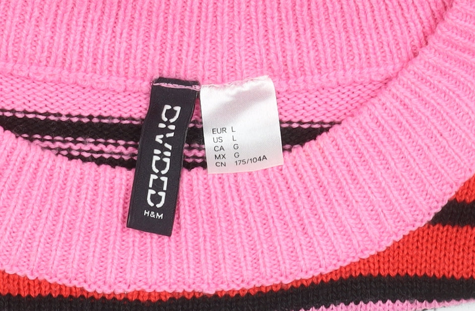 H&M Women’s Pink Striped Pullover Jumper Size L Acrylic Knit