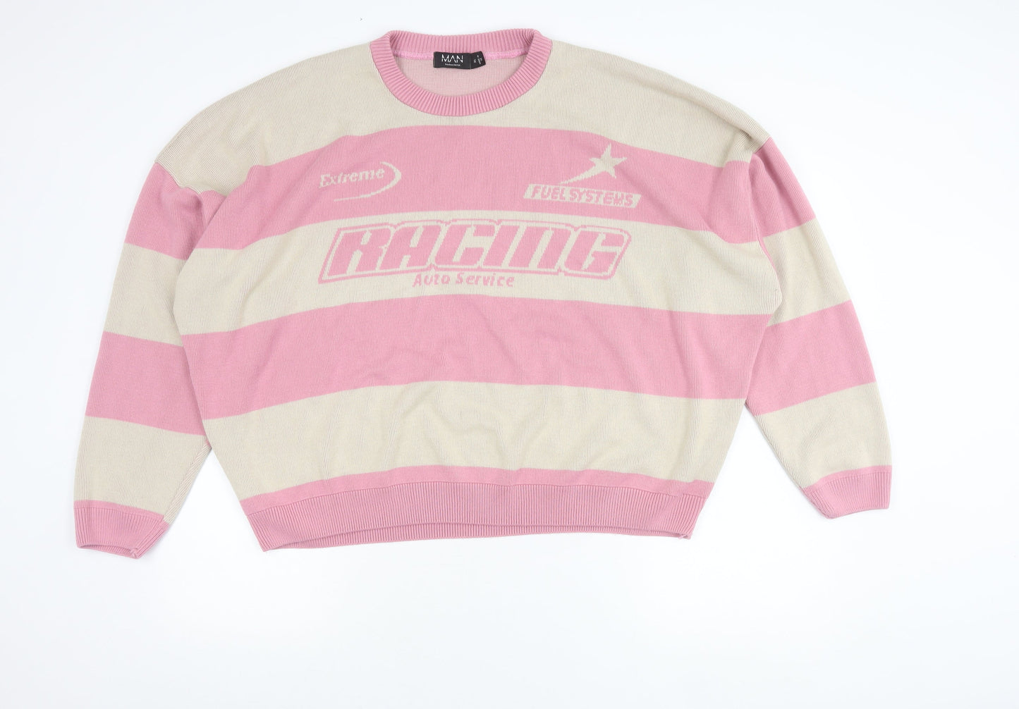 boohooMAN Men’s Pink Beige XL Striped Racing Pullover Jumper