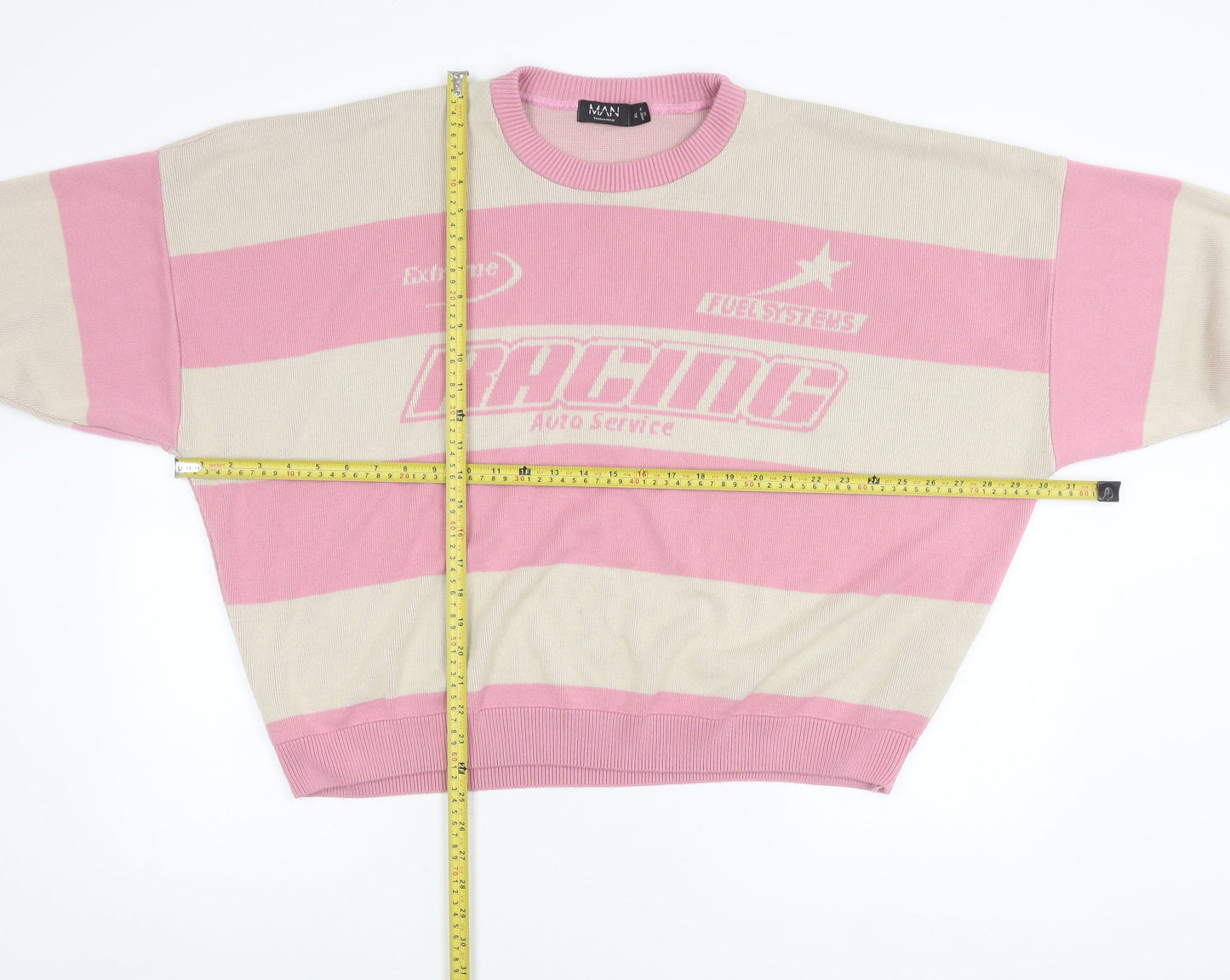 boohooMAN Men’s Pink Beige XL Striped Racing Pullover Jumper